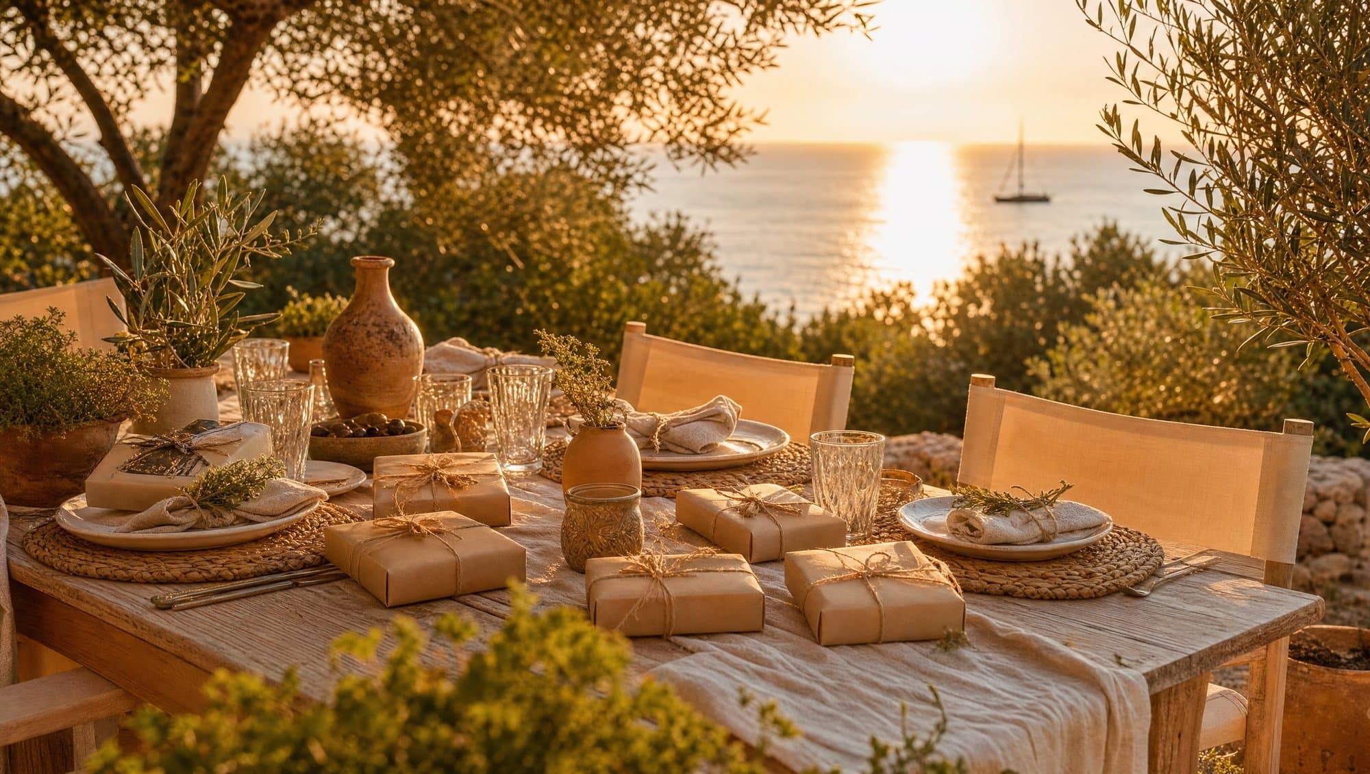 Mediterranean outdoor table set with gift-wrapped experience cards at golden hour with olive trees and sea view on the Costa del Sol