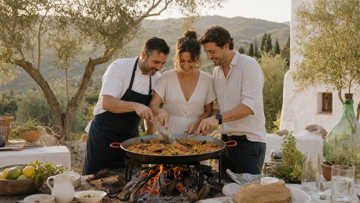 Couple cooking paella with a chef at a private finca terrace in the hills above Marbella