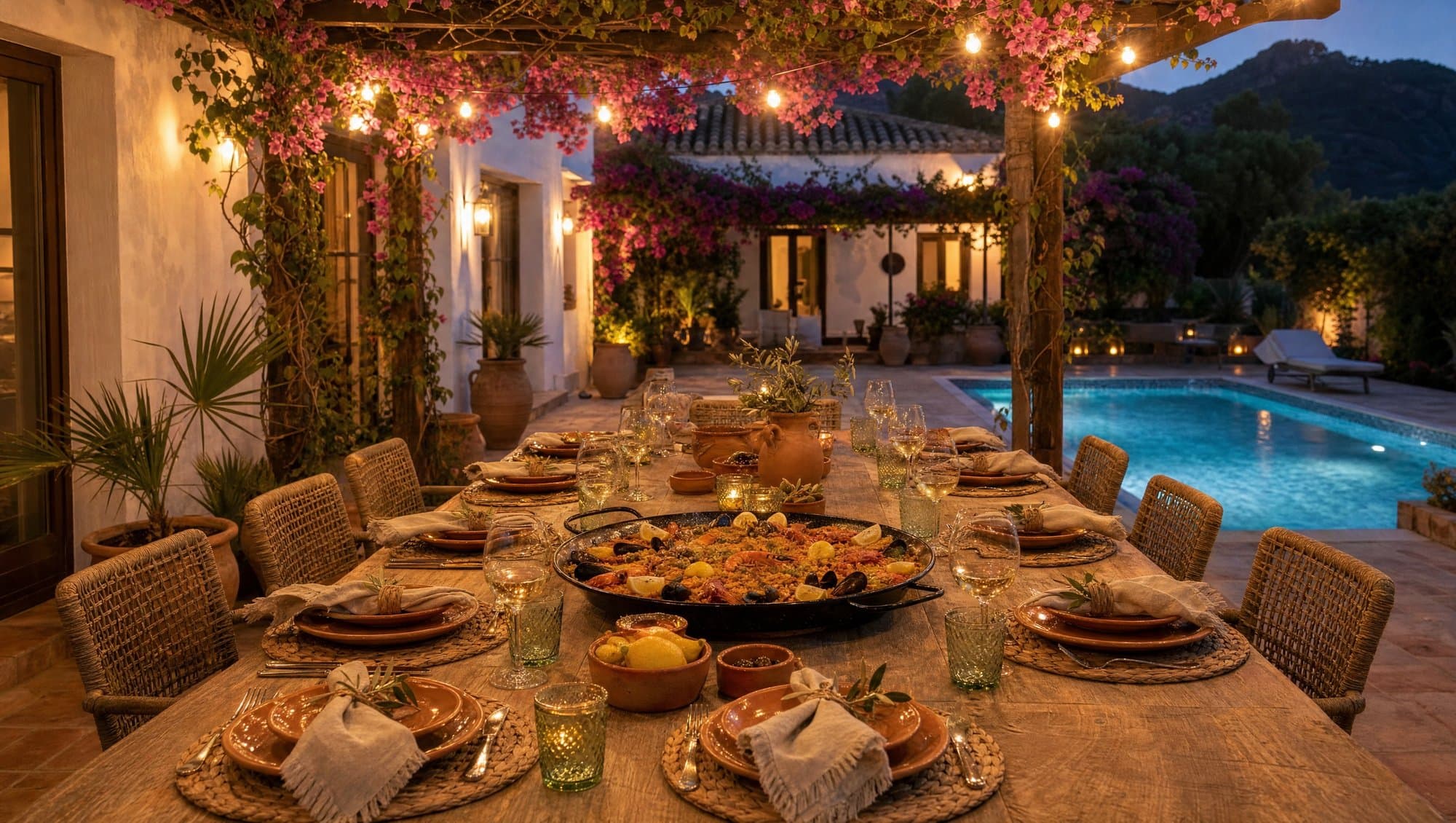 Outdoor dinner table set for guests at a Mediterranean villa with pool and string lights at dusk