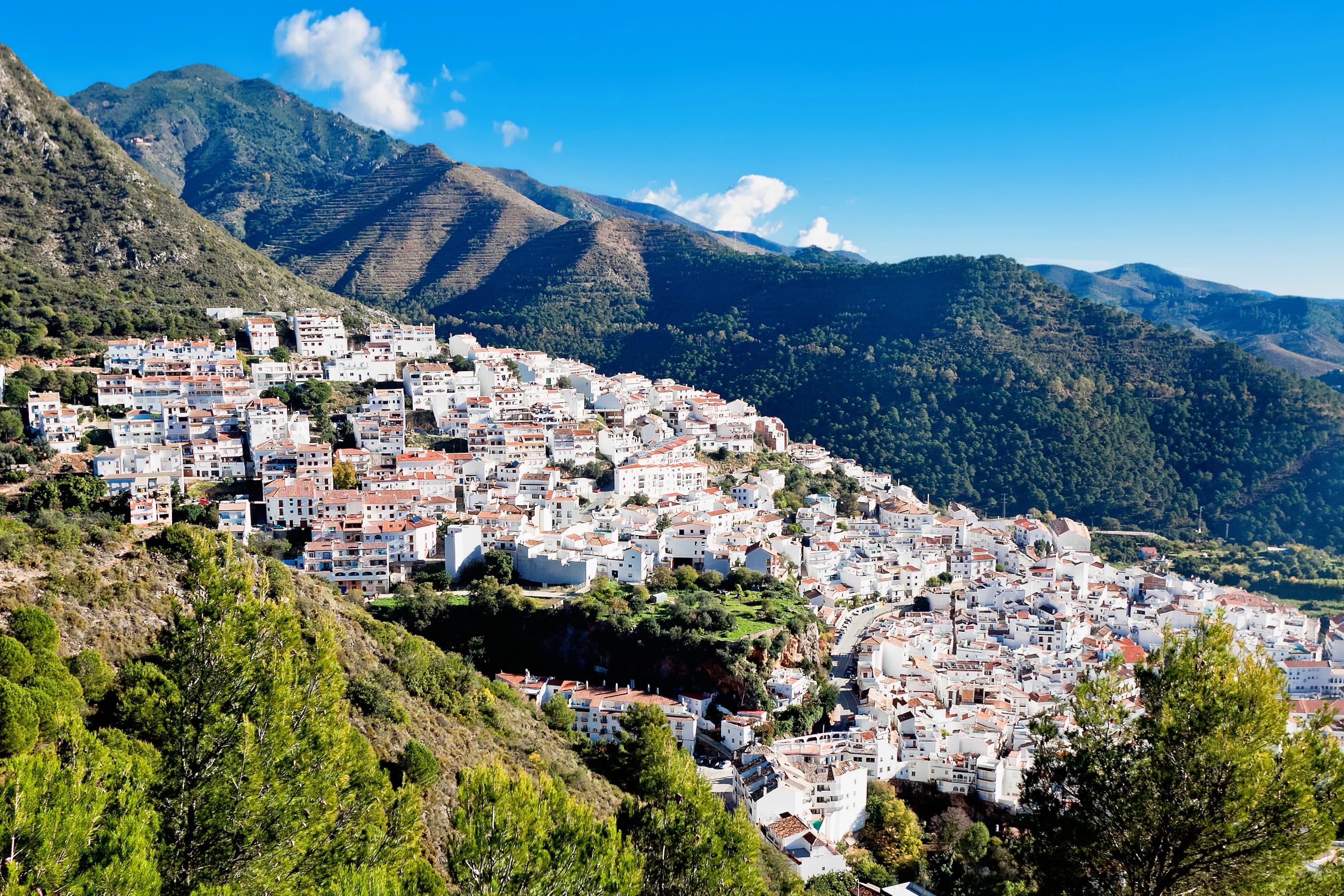 Panoramic view of Ojén village nestled in the hills above Marbella, Costa del Sol