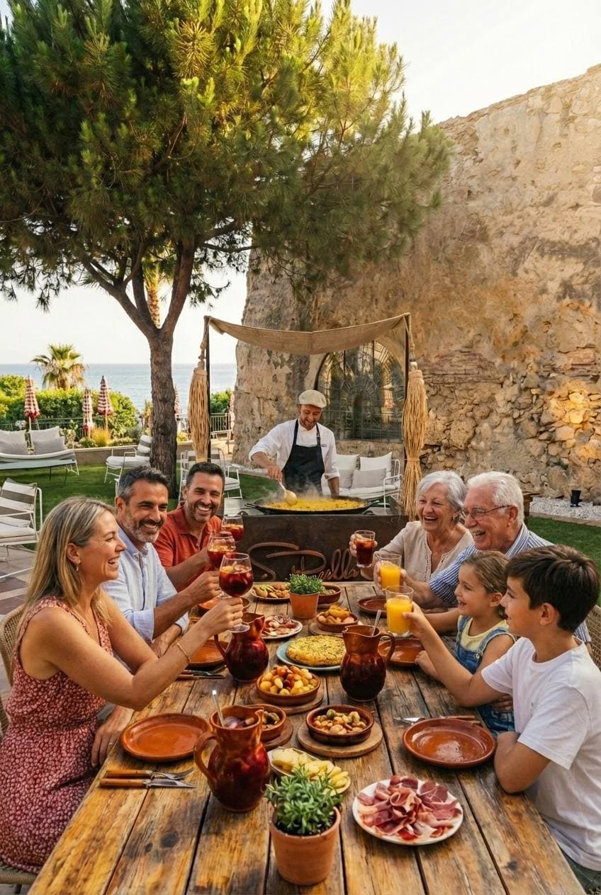The Siles family preparing paella over a wood fire at their finca in Ojen
