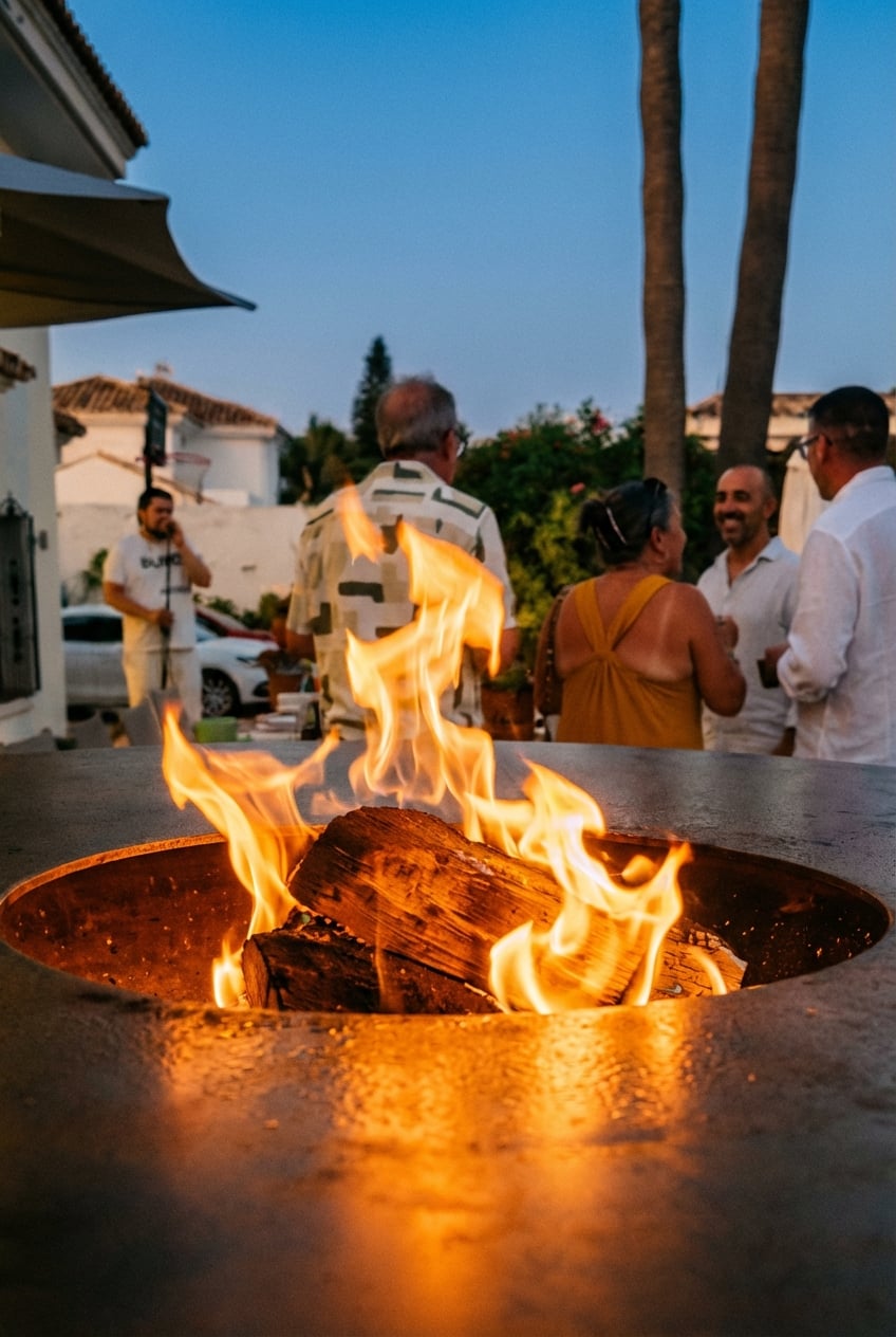 Brasero grill set up on villa pool terrace with chef cooking for guests
