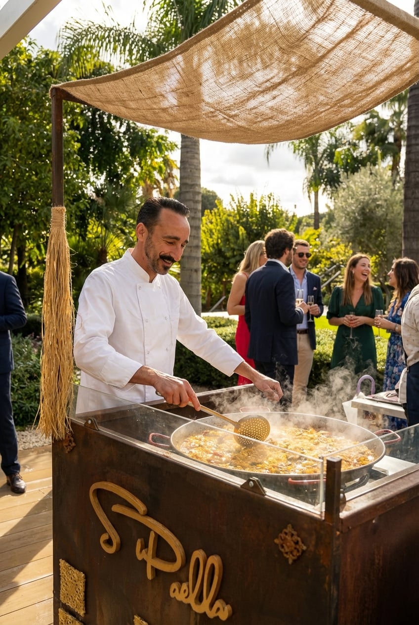 Large paella pan on villa pool terrace with blue pool in background and guests in summer clothes