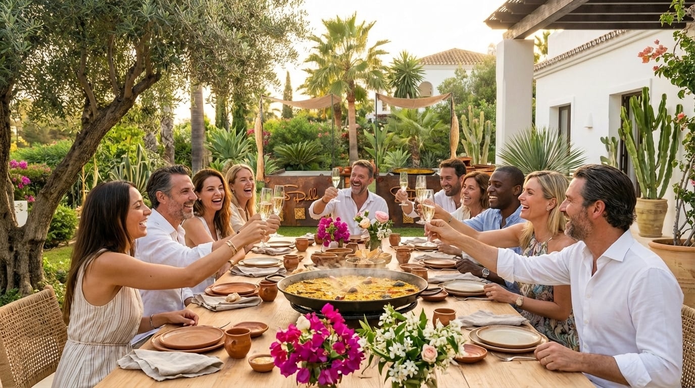 Group of adults gathered around a paella pan on a villa terrace with festive birthday decorations