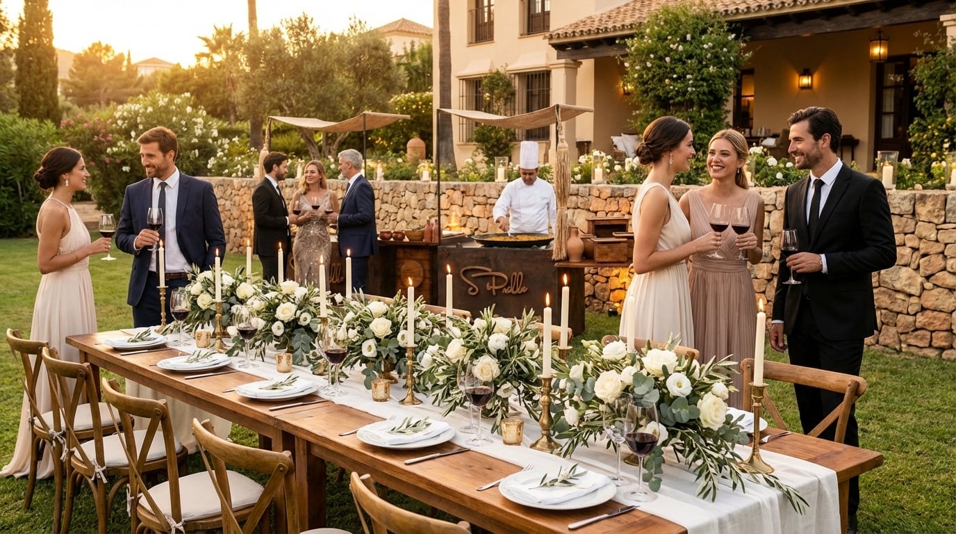 Elegant outdoor rehearsal dinner at a Marbella villa with candles, sunset light, and paella being served