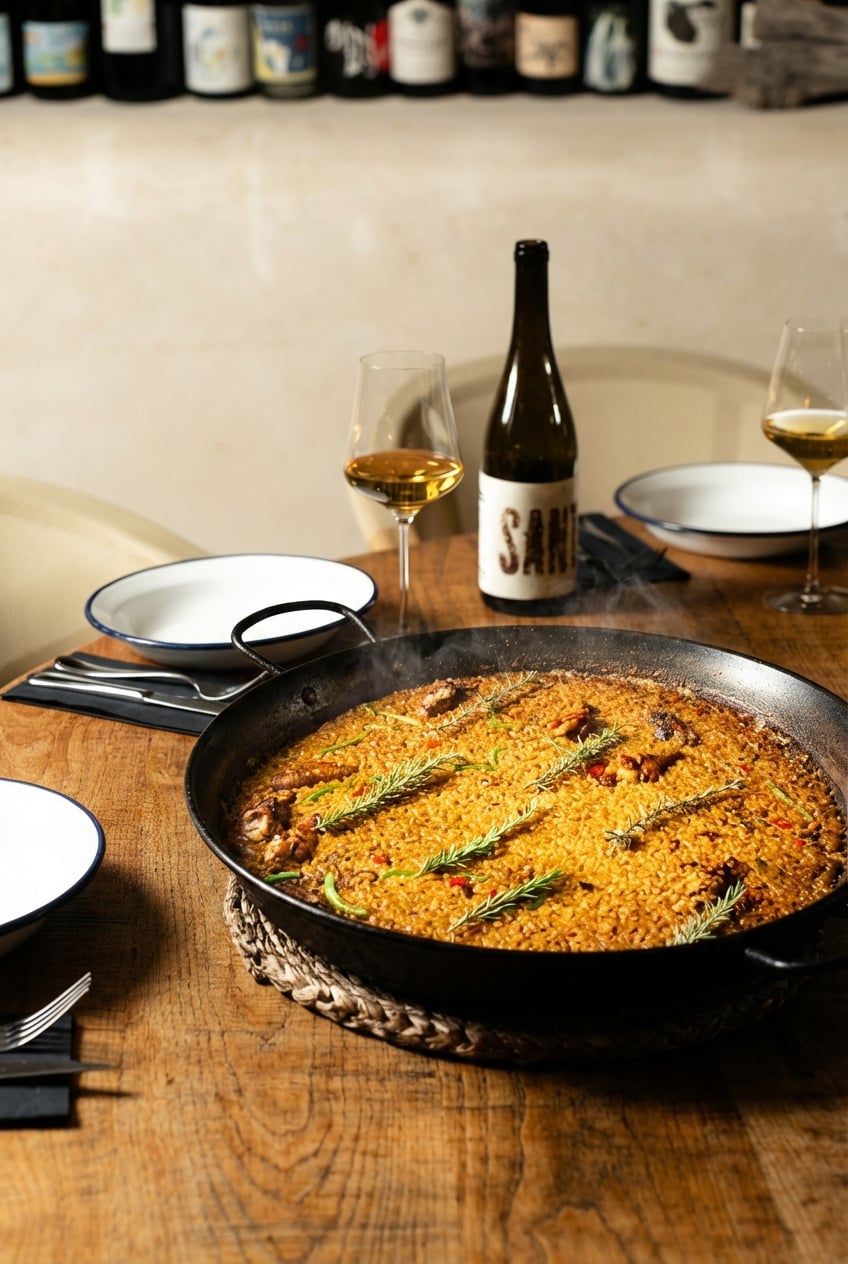 Paella delivered in traditional paellera on pool terrace, casual self-serve