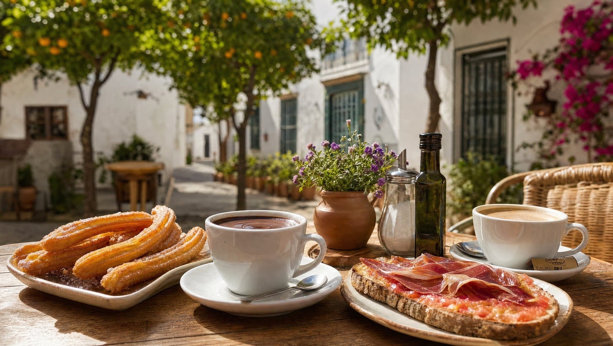 Traditional Spanish breakfast with churros, hot chocolate, and tostada con tomate at an outdoor café in Marbella old town