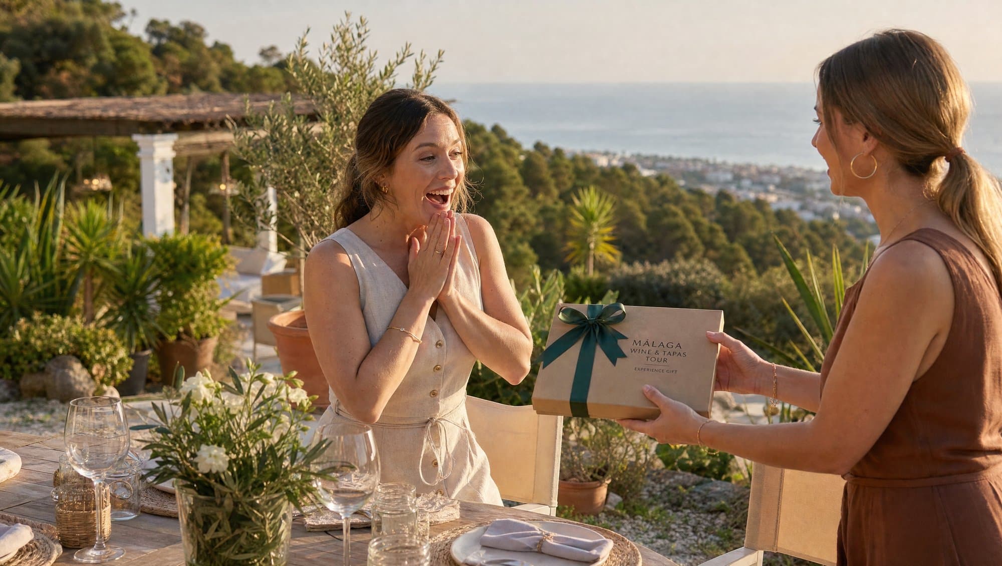 Friends celebrating a birthday with experience gifts on a Mediterranean terrace near Marbella