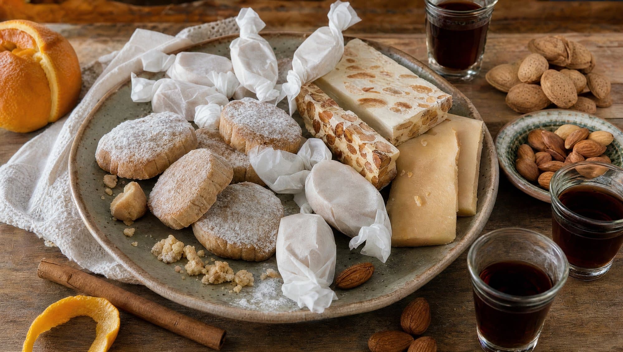 Spanish Christmas sweets on a ceramic plate: polvorones in tissue-paper twists, almond turrón, mantecados, almonds and small glasses of sweet Málaga wine
