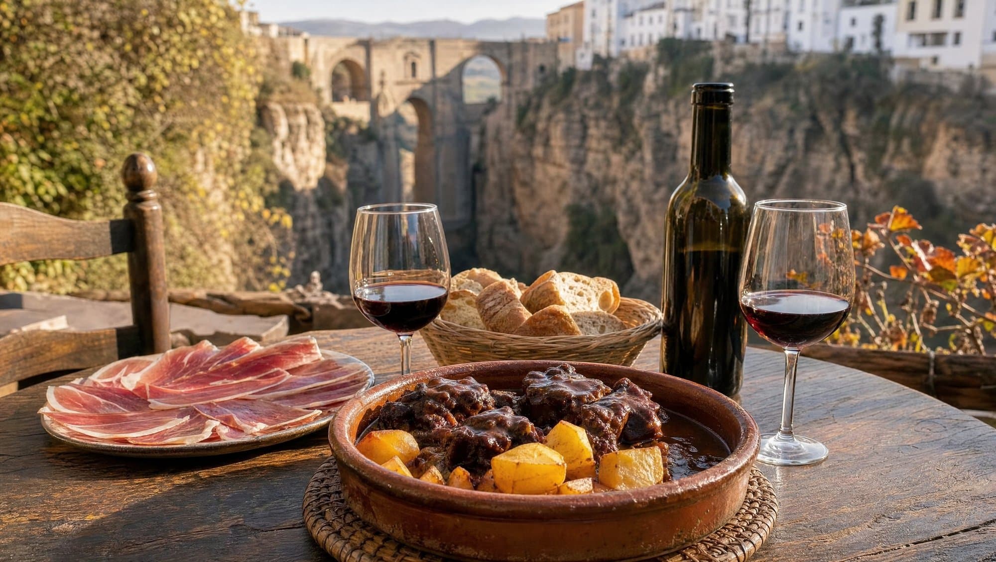 A late lunch of rabo de toro, jamón, bread and red wine on a terrace in Ronda, with the El Tajo gorge and the Puente Nuevo bridge in the background