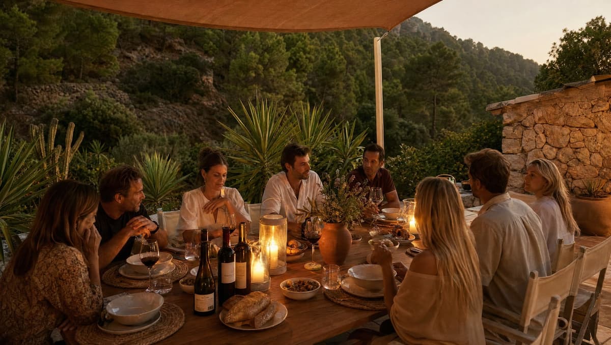 Long dinner table set for a small group at the Ojén finca at golden hour, mountains in the background