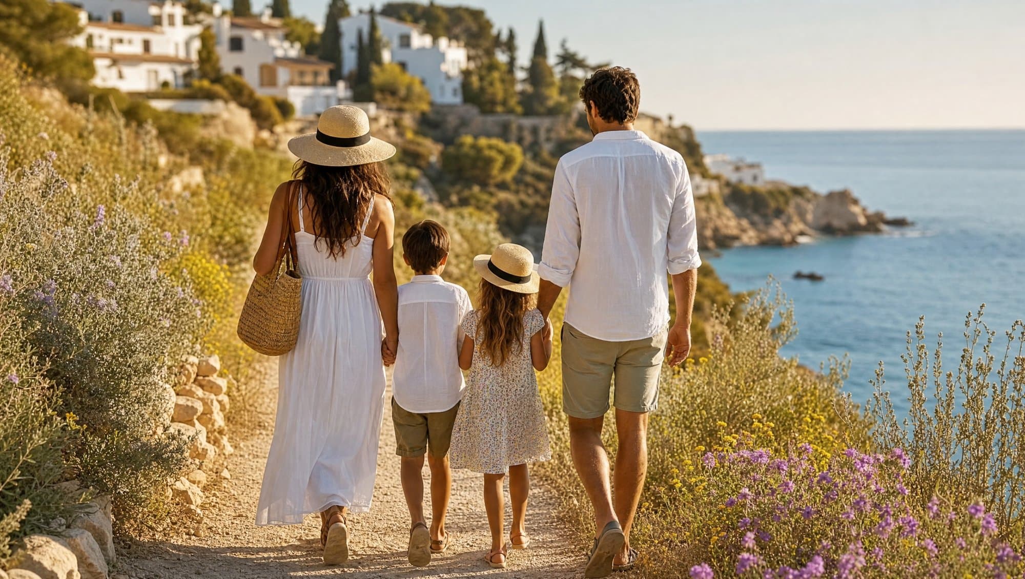 Family walking along a coastal path in Marbella with Mediterranean sea views