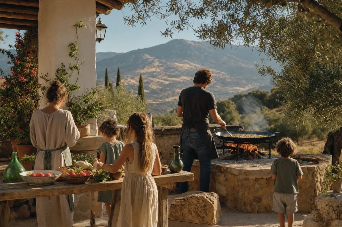 Family cooking paella together over a wood fire at a mountain finca near Marbella