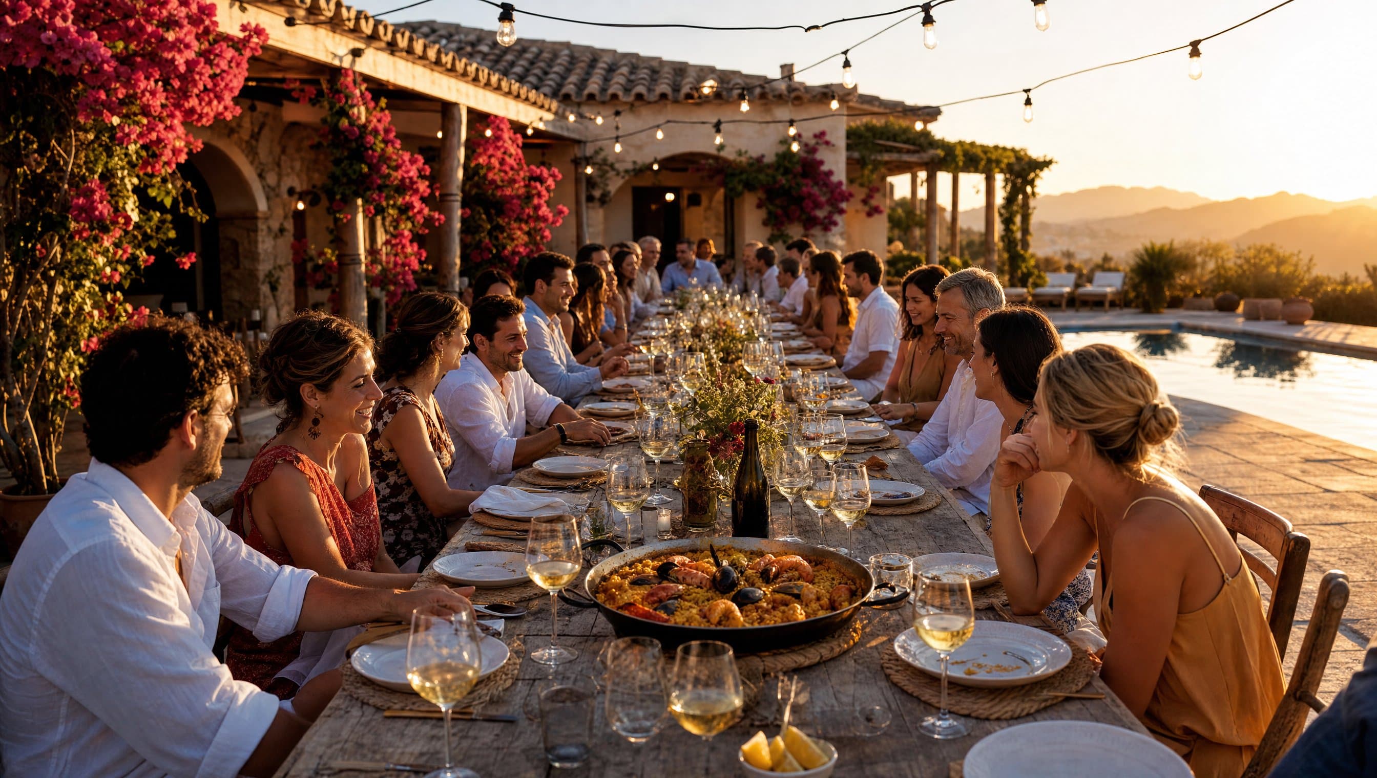Large group dinner at a Mediterranean villa with seafood paella on a long rustic table at golden hour