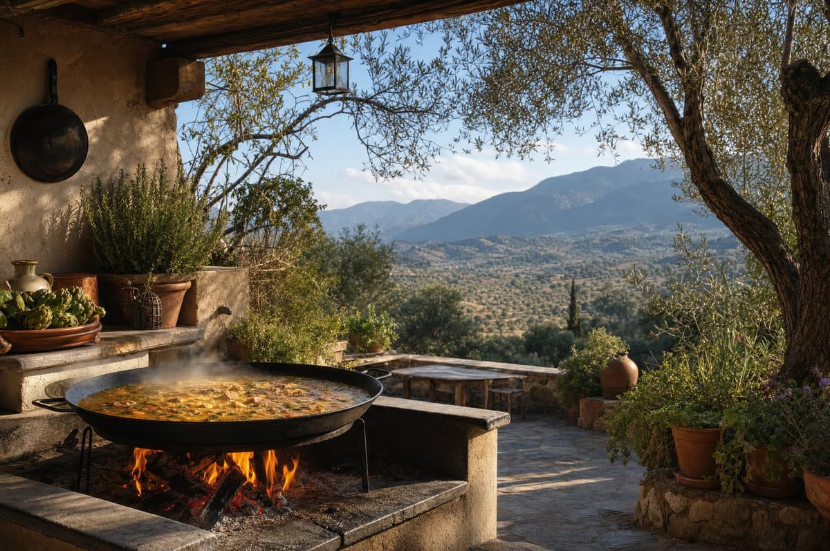 Outdoor wood-fired cooking terrace at a mountain finca near Marbella with valley views