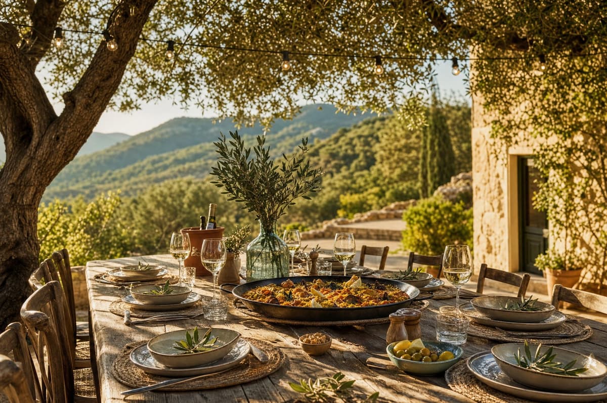 Guests enjoying paella together at a long table under trees at the finca