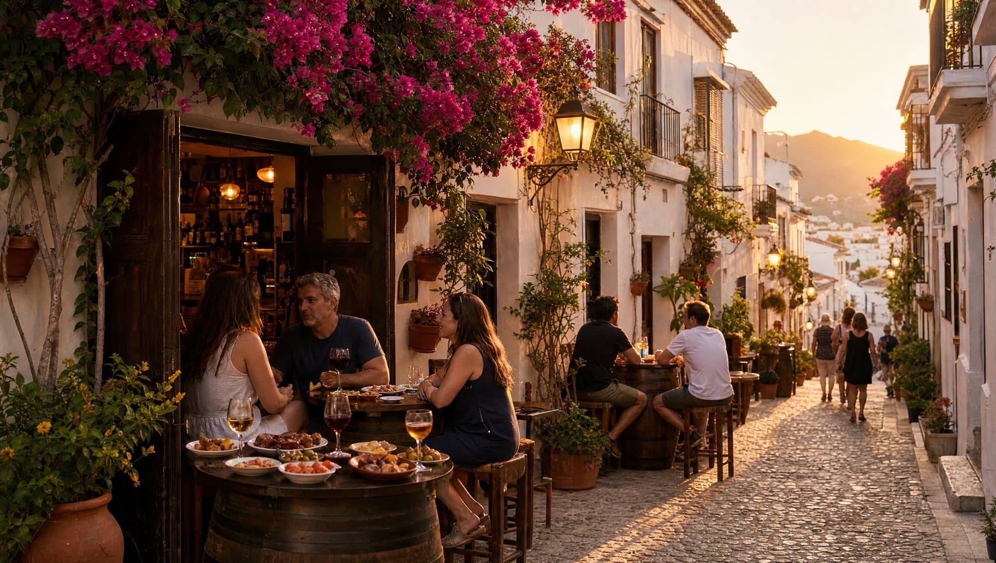 Narrow cobblestone street in Marbella old town with tapas bars and bougainvillea at golden hour