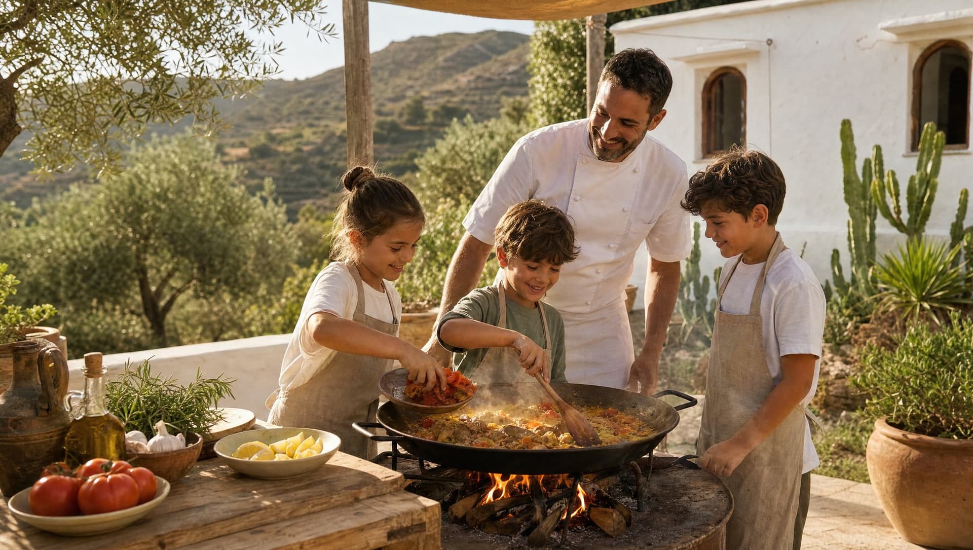 Children learning to cook paella over a wood fire at a mountain finca near Marbella