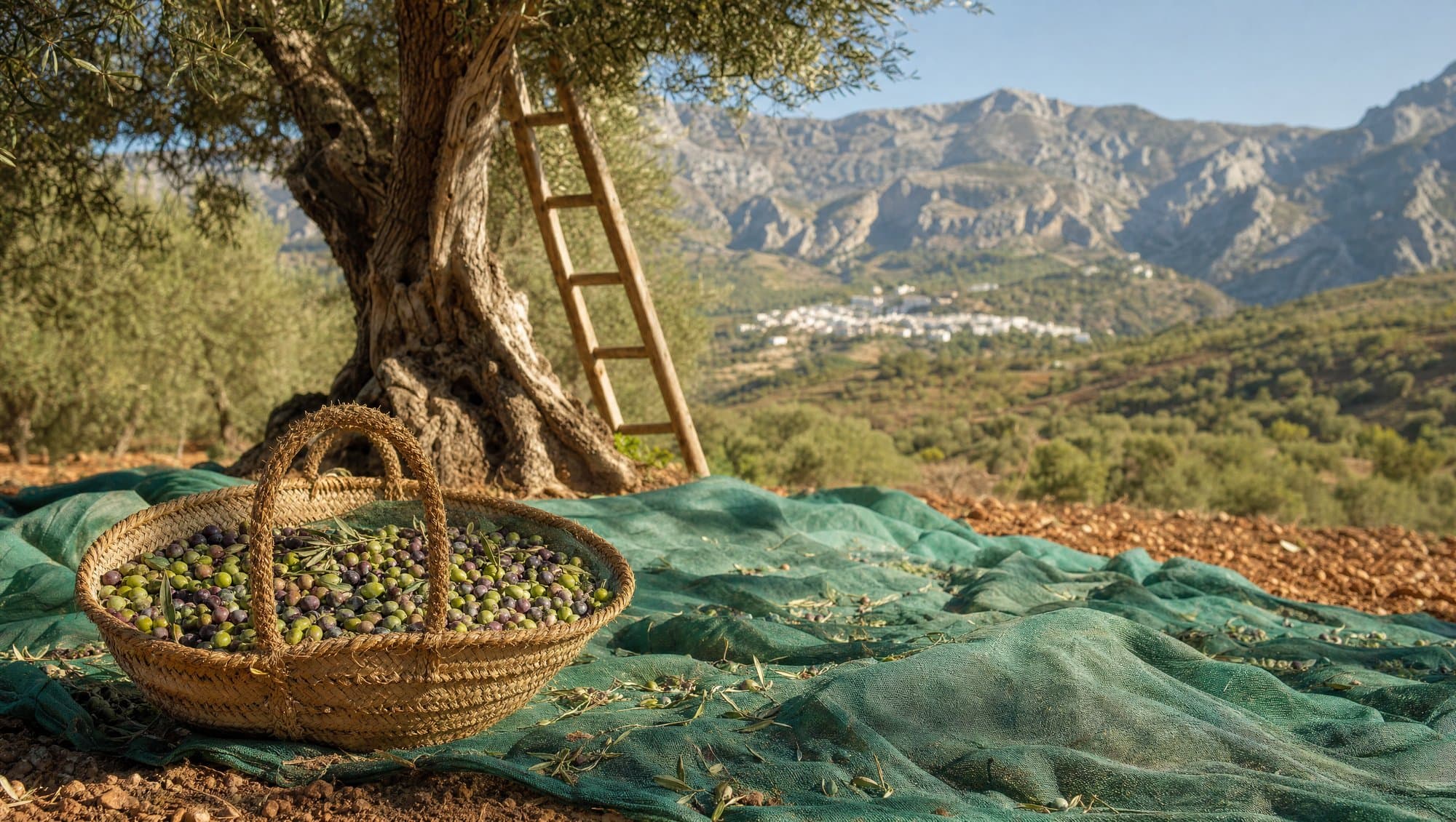Olive harvest in the hills inland from Marbella — a basket of fresh green and purple olives on harvest nets under an old olive tree, white village and mountains behind