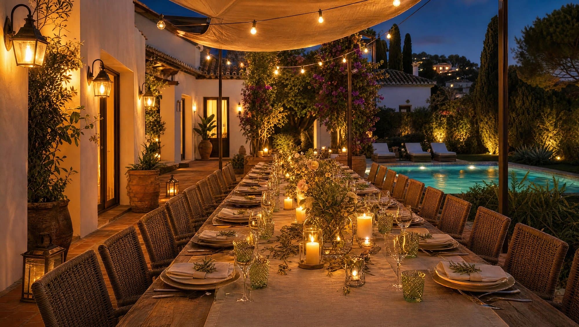 Andalusian villa terrace at dusk set up for a private event with long dining table and Mediterranean garden