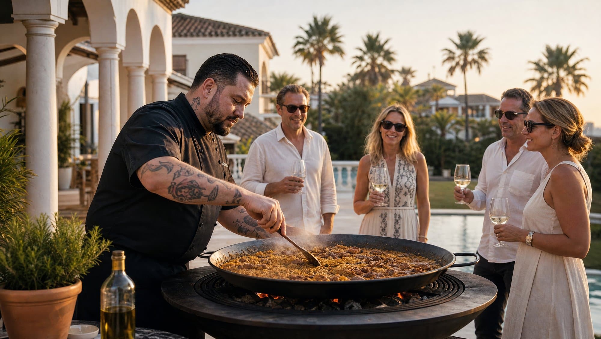 Chef Paco live-cooking a brasero at a private rented villa in Marbella while guests gather around with wine in hand