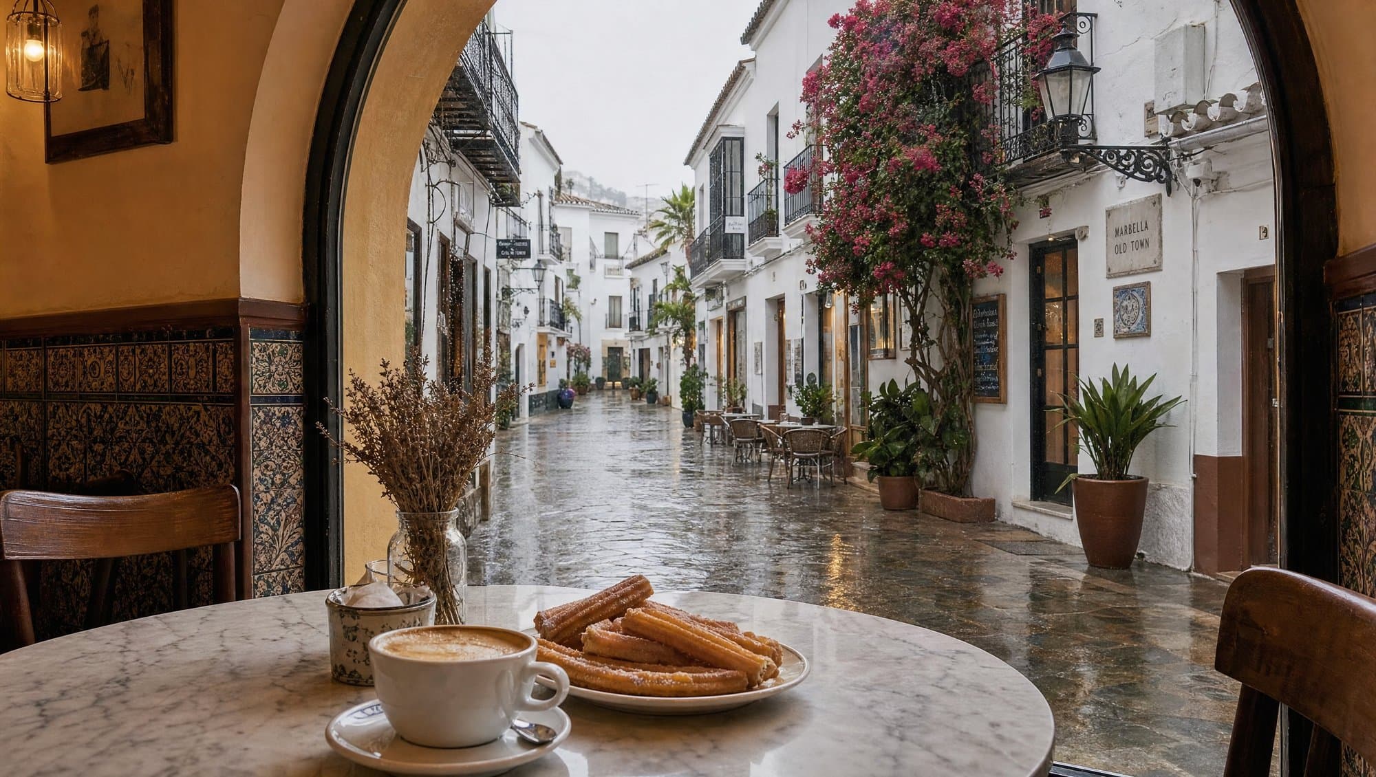 View from inside a cosy Spanish café looking out at rain-slicked cobblestone streets in Marbella Old Town with churros and coffee on the table