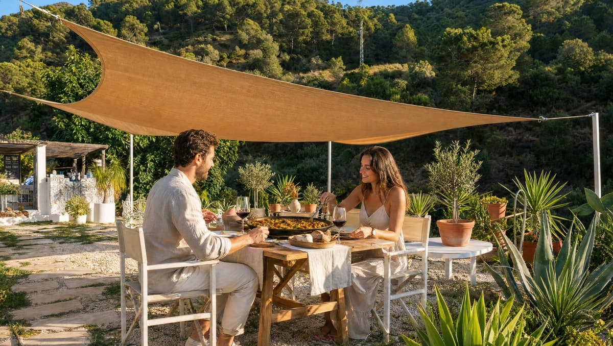 Couple sharing a paella dinner together on the Finca terrace at golden hour