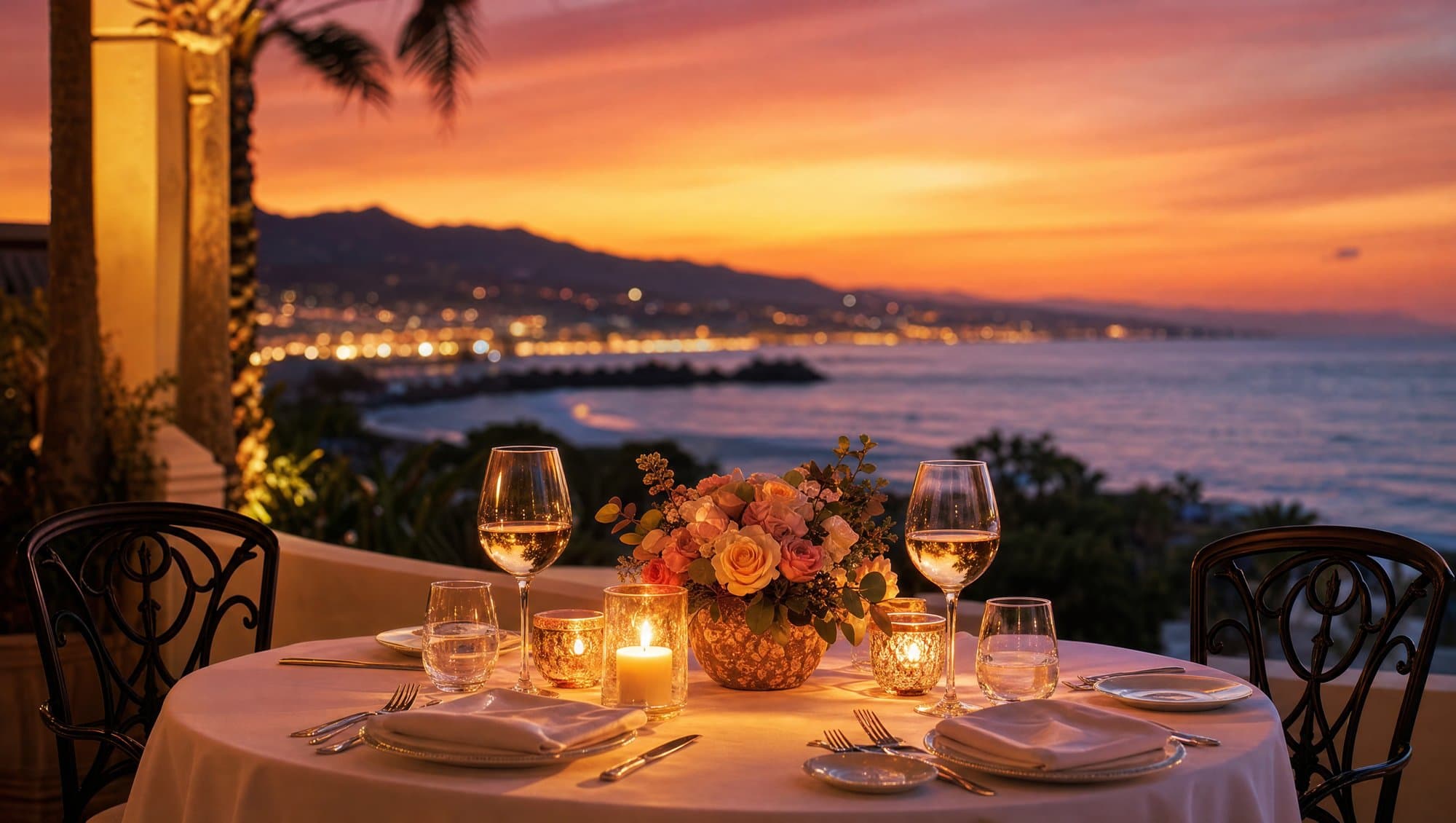 Candlelit dinner table on a terrace overlooking the Mediterranean in Marbella at sunset