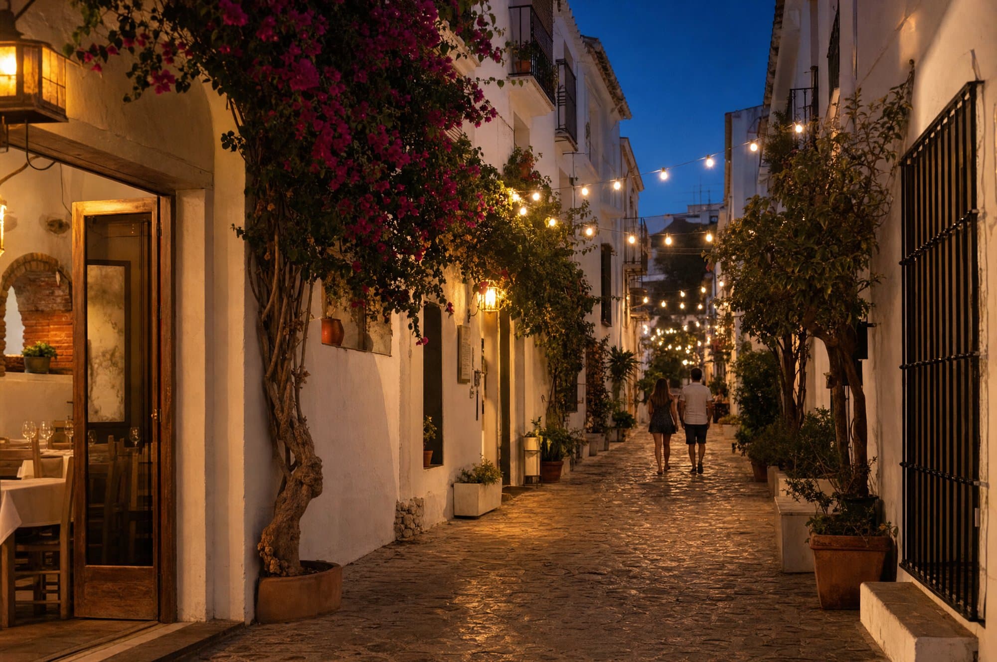 Cobblestoned street in Marbella old town at night with warm light from restaurant doorways and bougainvillea on whitewashed walls