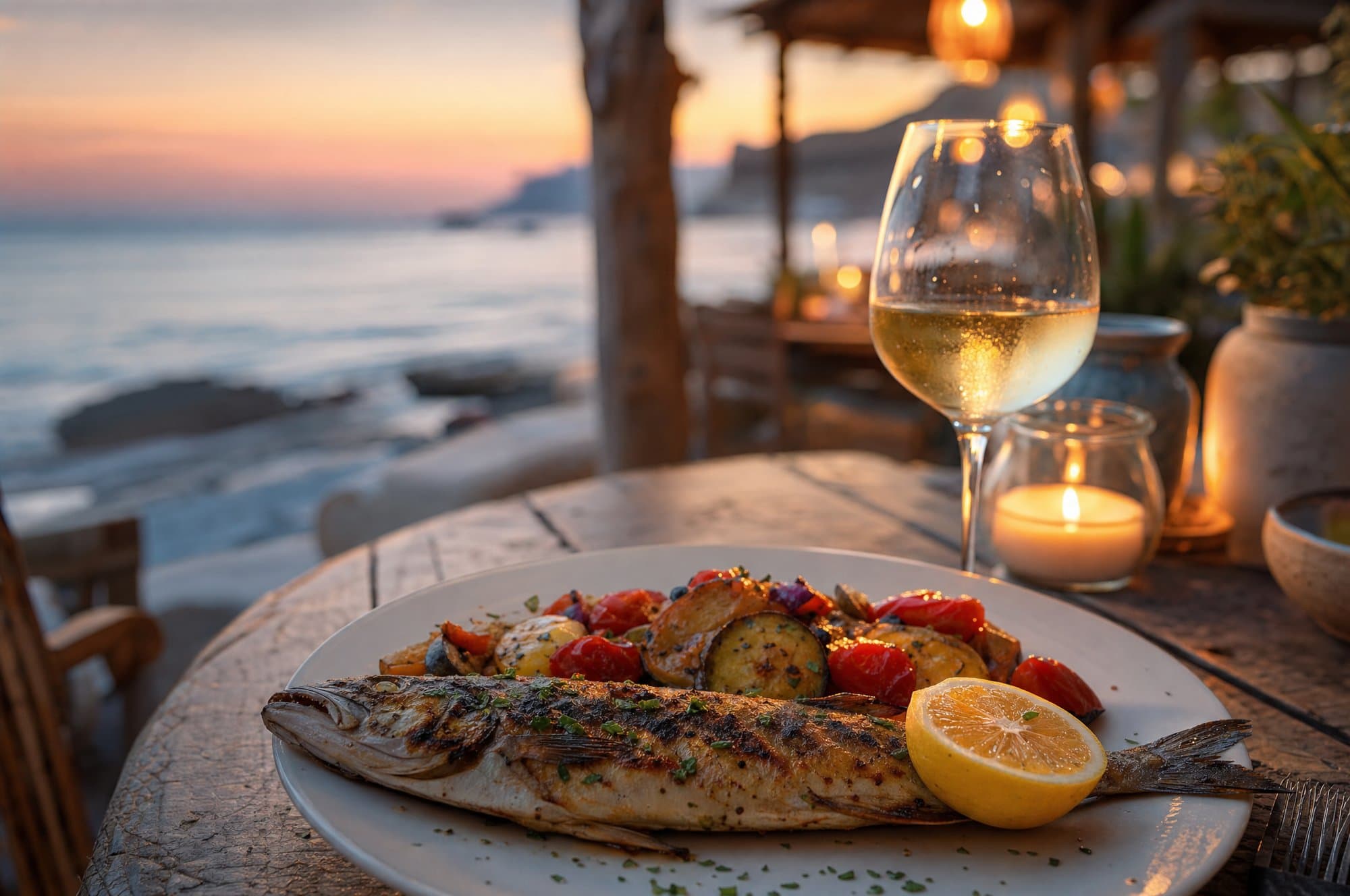 Elegant beachfront dinner with grilled fish and white wine at a Mediterranean restaurant at dusk