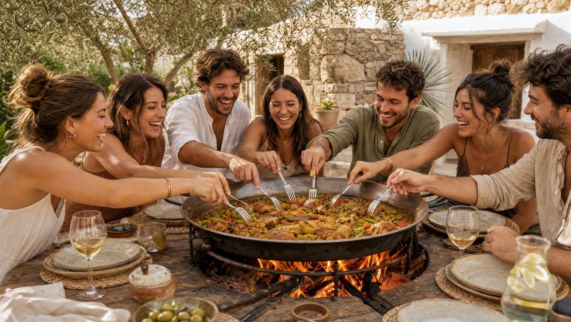 Group of friends cooking paella together over wood fire at a private mountain finca