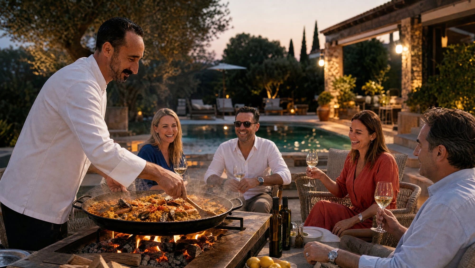 A private chef cooking paella over open fire at a luxury holiday villa terrace with guests watching