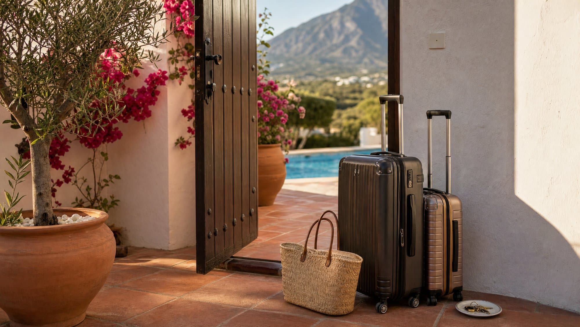 Two suitcases and a straw bag by the open wooden door of a whitewashed Marbella holiday villa, bougainvillea, a swimming pool and the mountains behind