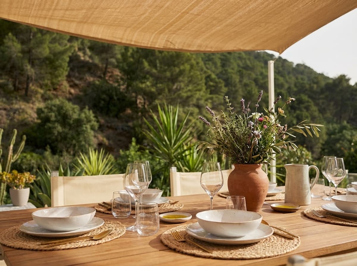 The Finca terrace set for dinner, with views over the Sierra de las Nieves