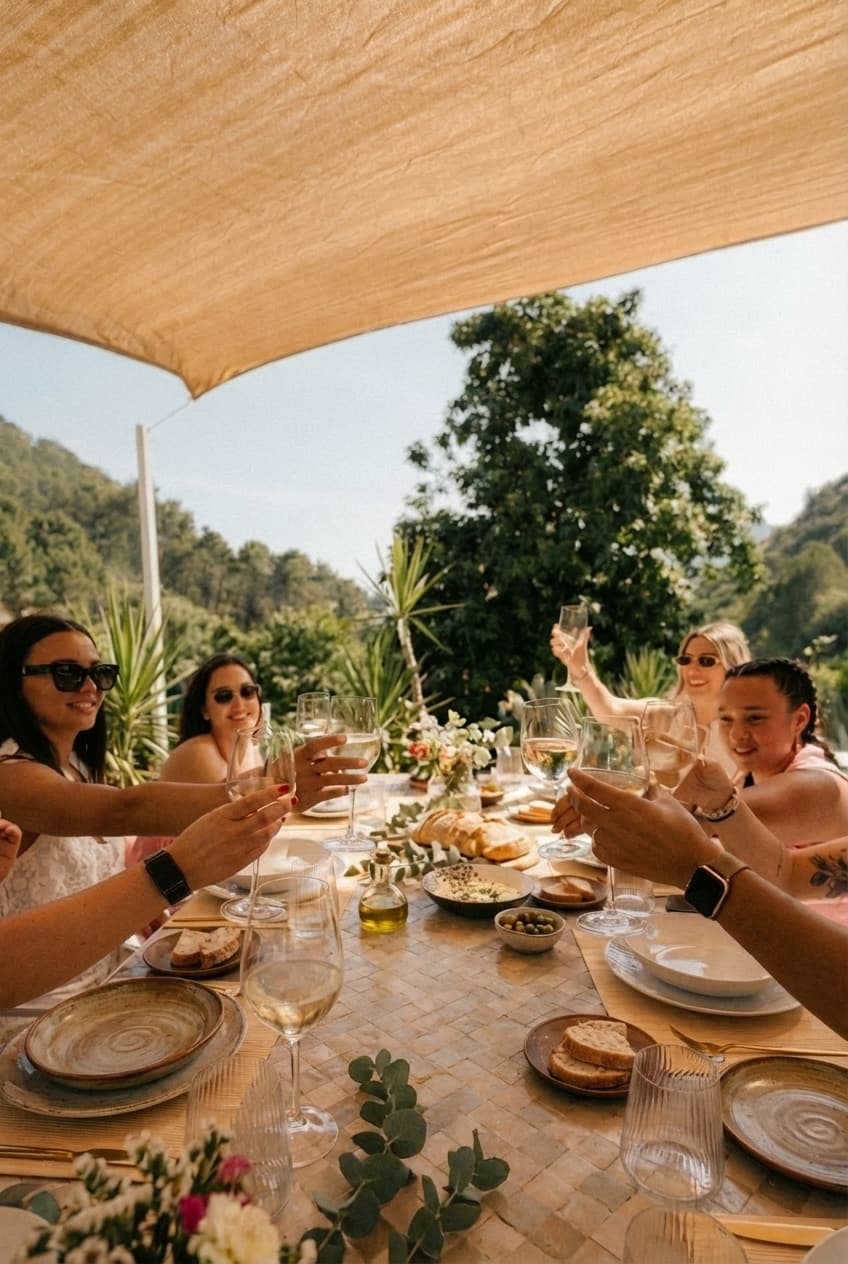 Hen party group toasting with wine at Si Catering's private finca terrace in Ojén with mountain views