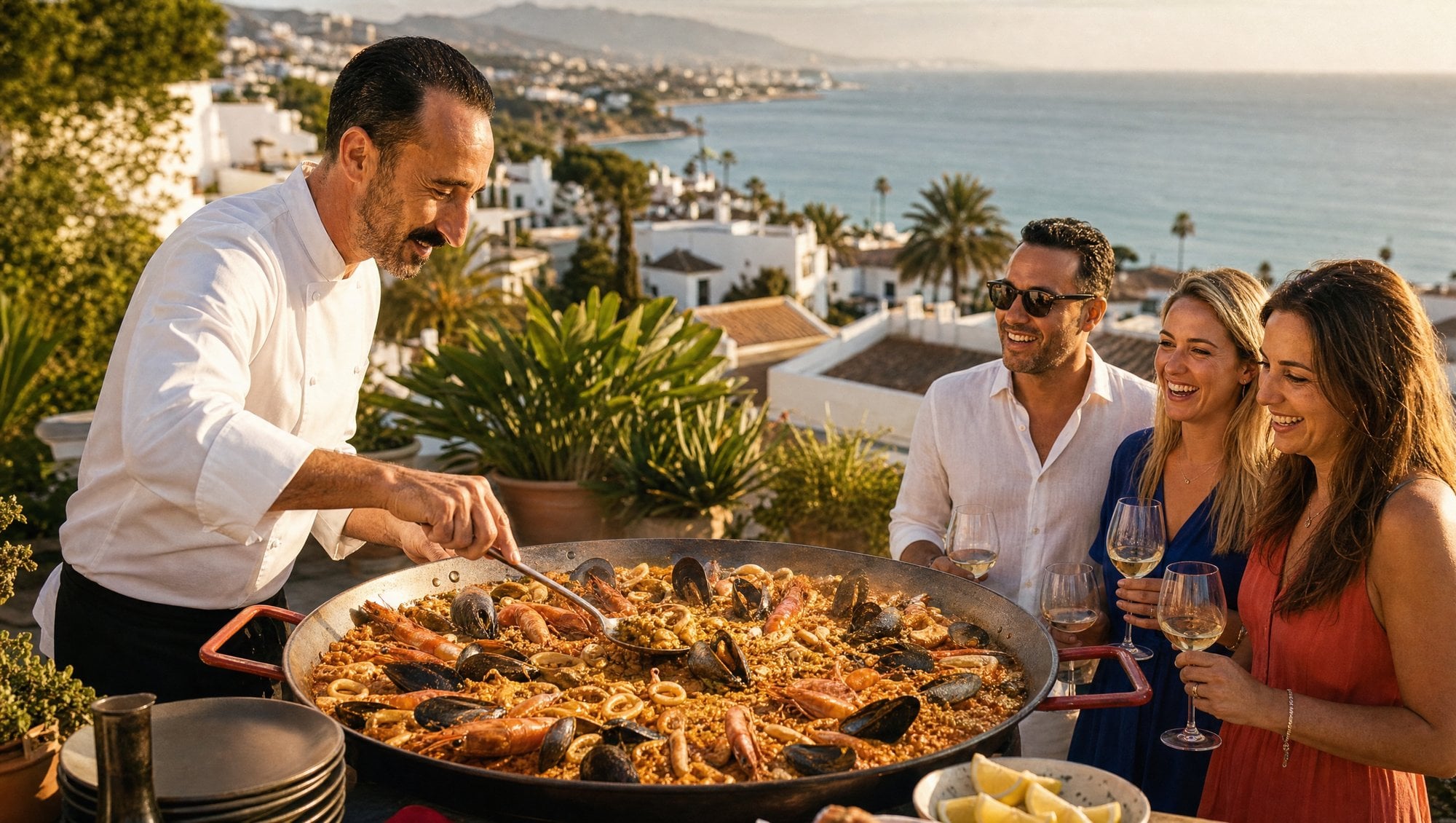 Chef privado cocinando paella en la terraza de una villa en Estepona con vistas al mar