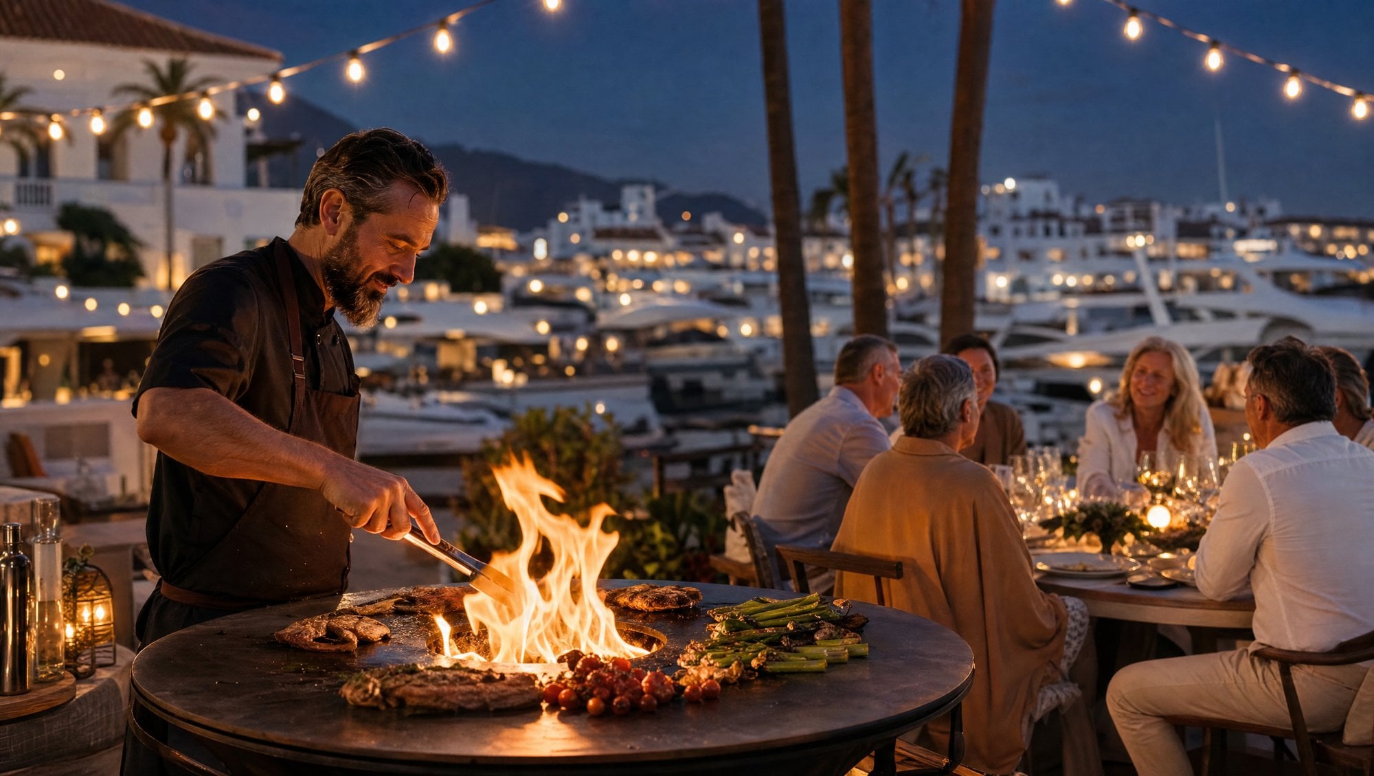 Chef privado cocinando paella en terraza de villa cerca de Puerto Banús con invitados observando