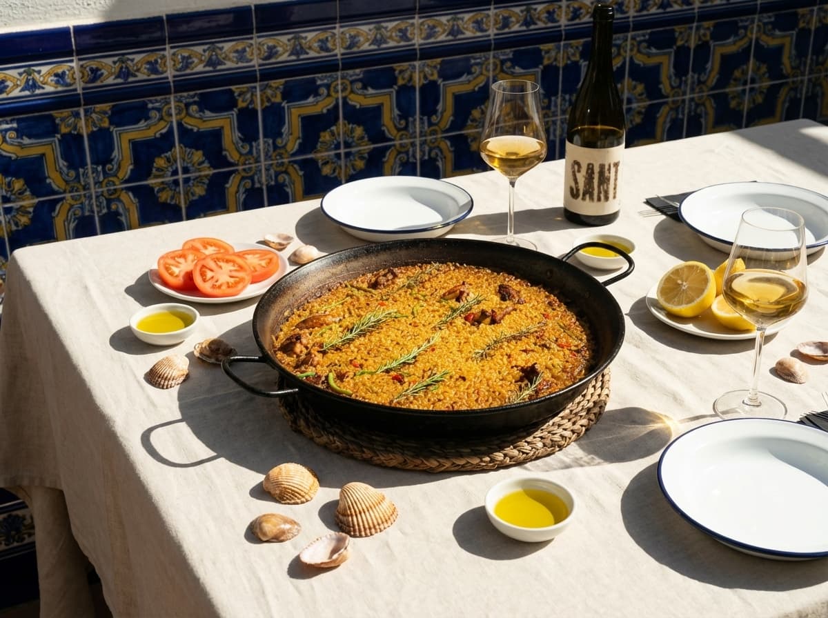 A Valenciana paella in its traditional pan on a set table, ready to share after a day trip
